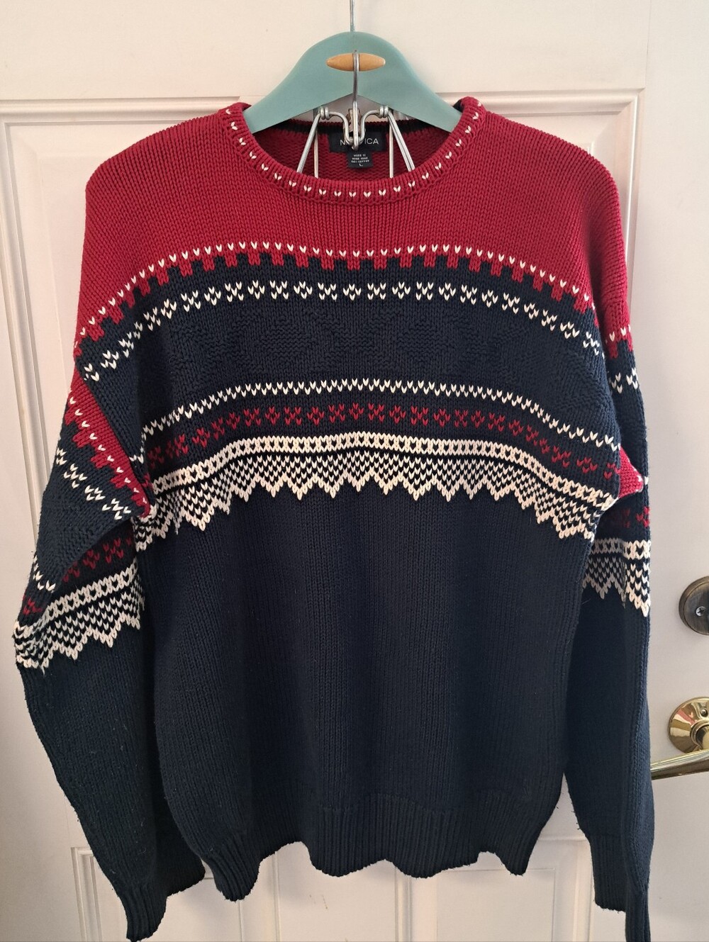 NAUTICA Men's Red, Navy & Cream Fair Isle Crewneck Sweater